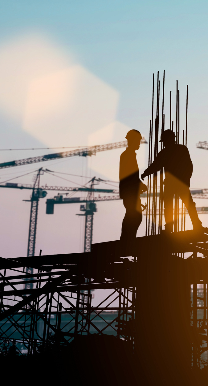 Silhouette of engineer and construction team working at site over blurred background sunset pastel for industry background with Light fair.Create from multiple reference images together.